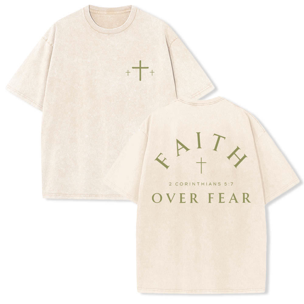 Christianartworkshop T-shirt lavata con stampa su entrambi i lati di una croce con la scritta "Fede contro la paura" e una croce. - Beige - 5XL - image 21
