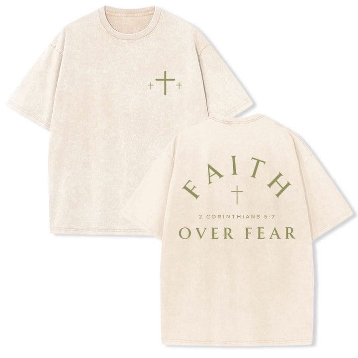 Christianartworkshop T-shirt lavata con stampa su entrambi i lati di una croce con la scritta "Fede contro la paura" e una croce. - Beige - 5XL - image 21