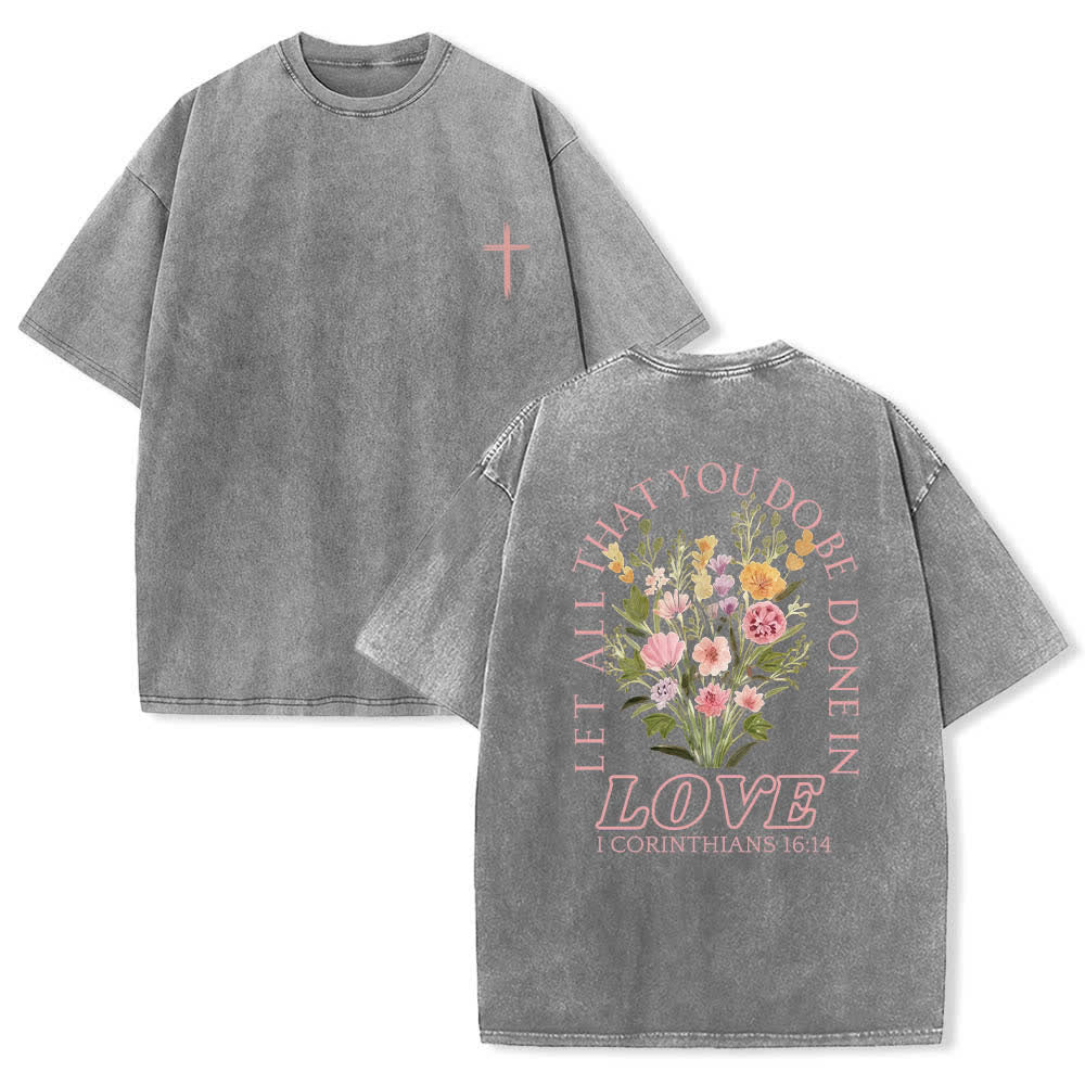 Christianartworkshop T-shirt lavata con stampa floreale a croce "Let All That You Do Be Done In Love" su entrambi i lati. - Grigio - 5XL - image 24