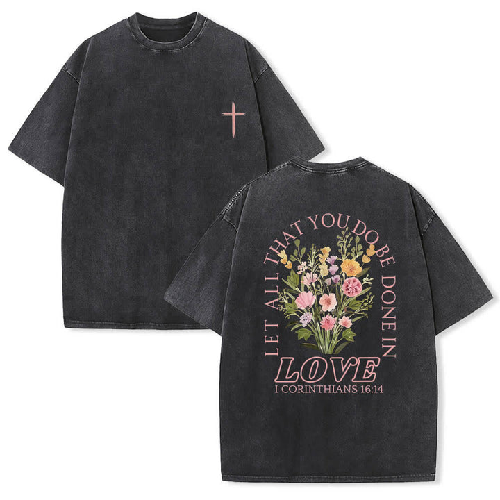 Christianartworkshop T-shirt lavata con stampa floreale a croce "Let All That You Do Be Done In Love" su entrambi i lati. - Nero - 5XL - image 3