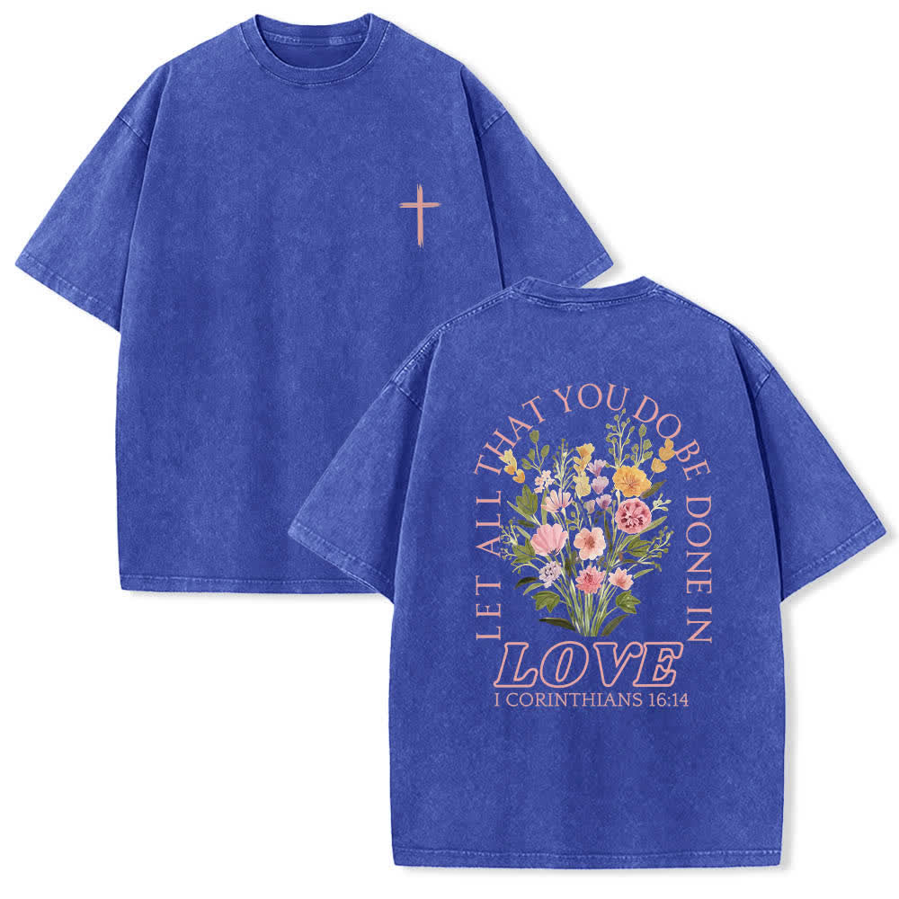 Christianartworkshop T-shirt lavata con stampa floreale a croce "Let All That You Do Be Done In Love" su entrambi i lati. - Blu - 5XL - image 18