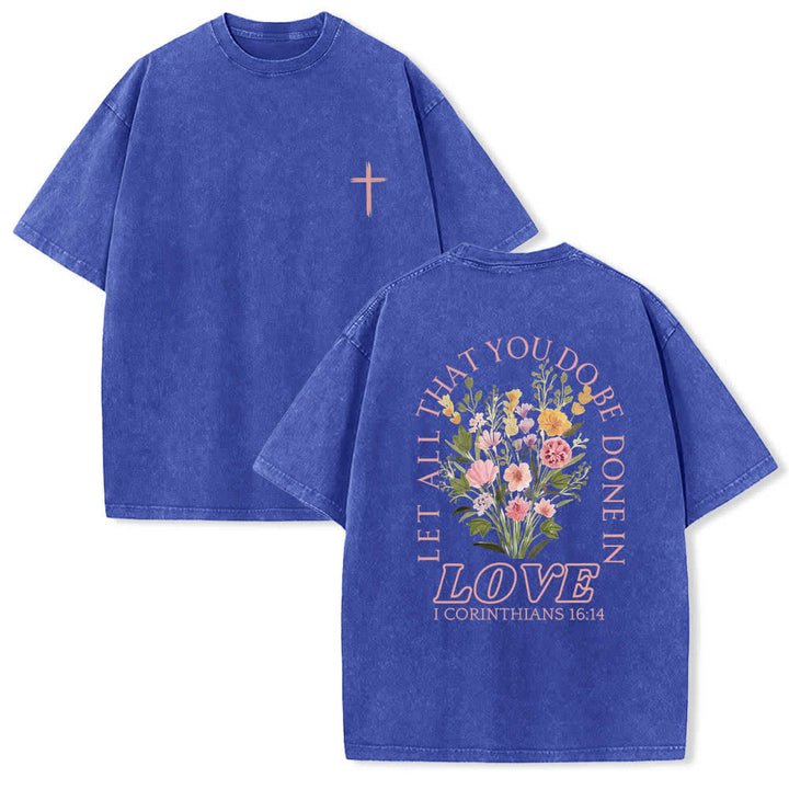 Christianartworkshop T-shirt lavata con stampa floreale a croce "Let All That You Do Be Done In Love" su entrambi i lati. - Blu - 5XL - image 18