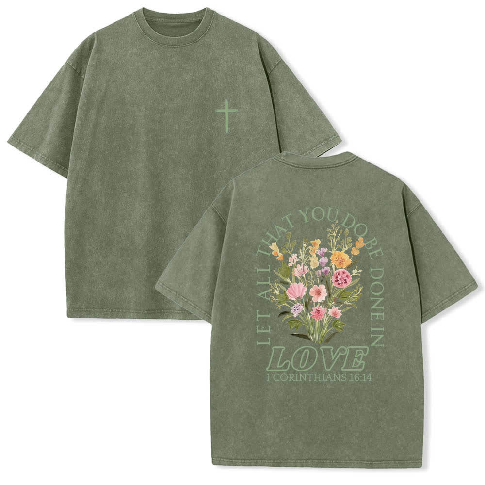 Christianartworkshop T-shirt lavata con stampa floreale a croce "Let All That You Do Be Done In Love" su entrambi i lati. - Verde militare - 5XL - image 15