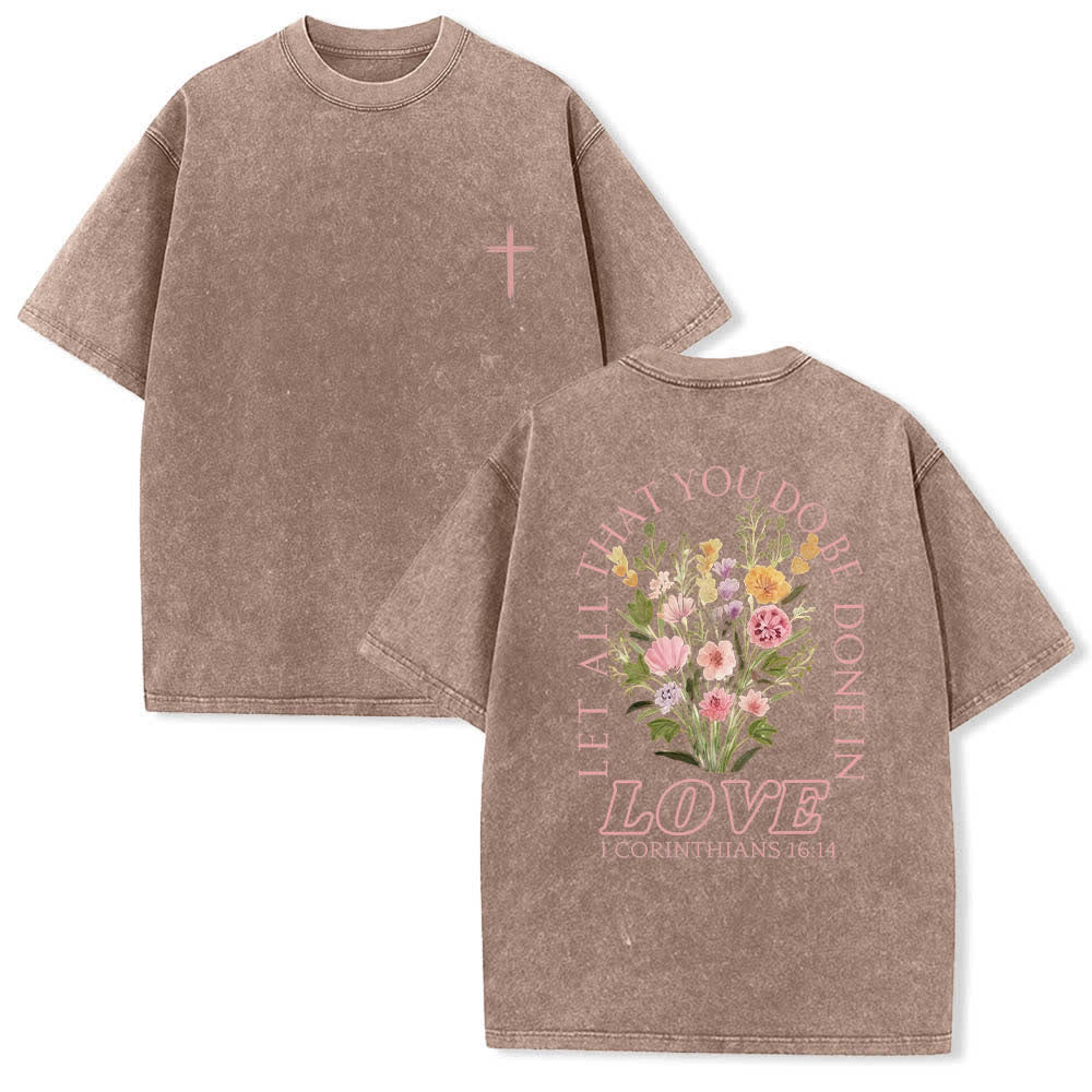 Christianartworkshop T-shirt lavata con stampa floreale a croce "Let All That You Do Be Done In Love" su entrambi i lati. - Marrone - 5XL - image 21