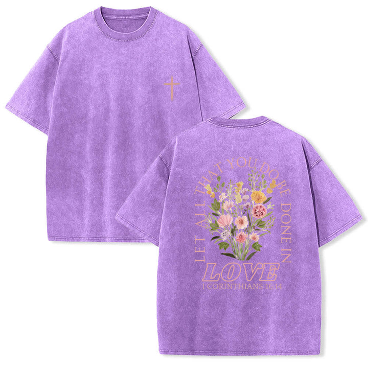 Christianartworkshop T-shirt lavata con stampa floreale a croce "Let All That You Do Be Done In Love" su entrambi i lati. - Viola - 5XL - image 9