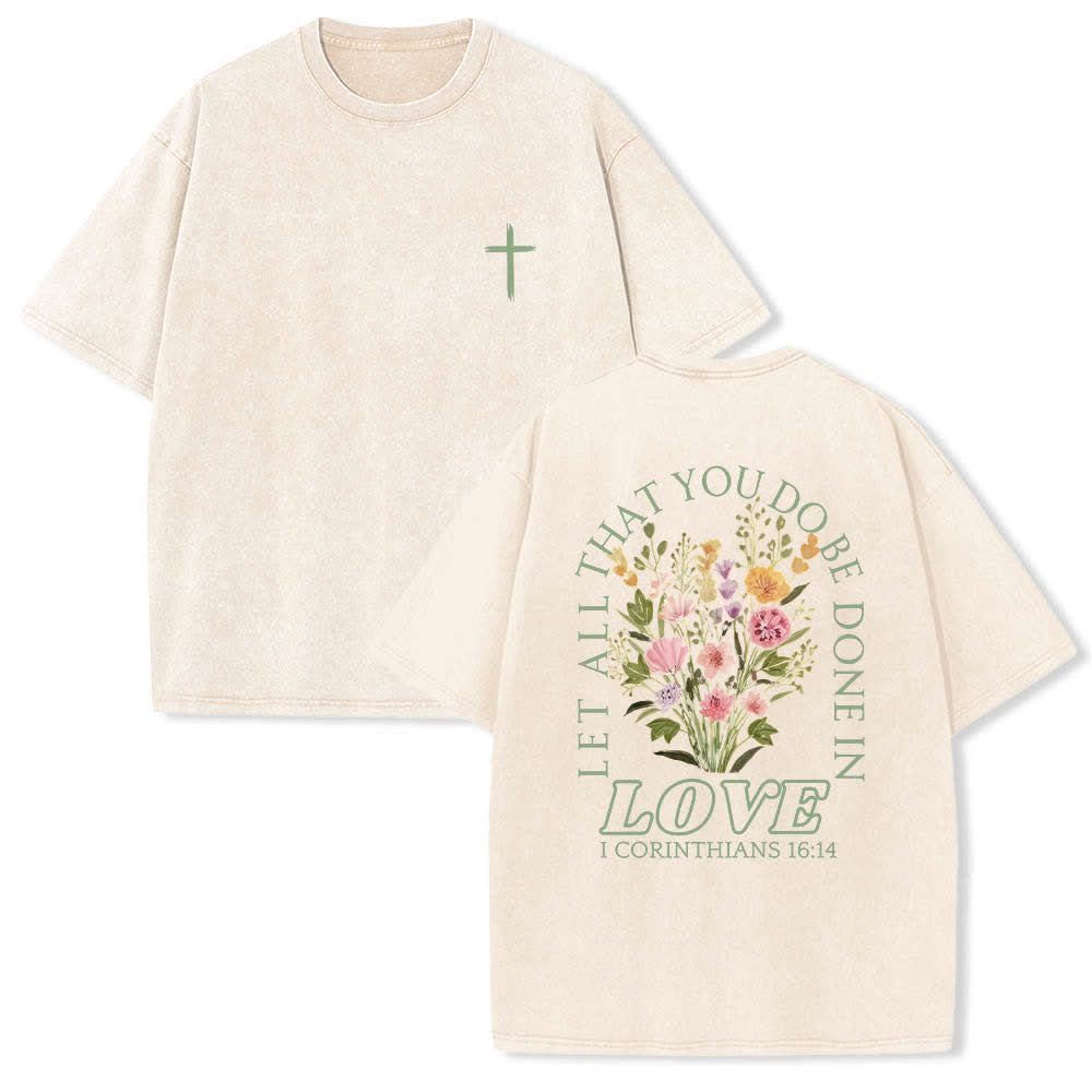 Christianartworkshop T-shirt lavata con stampa floreale a croce "Let All That You Do Be Done In Love" su entrambi i lati. - Beige - 5XL - image 6