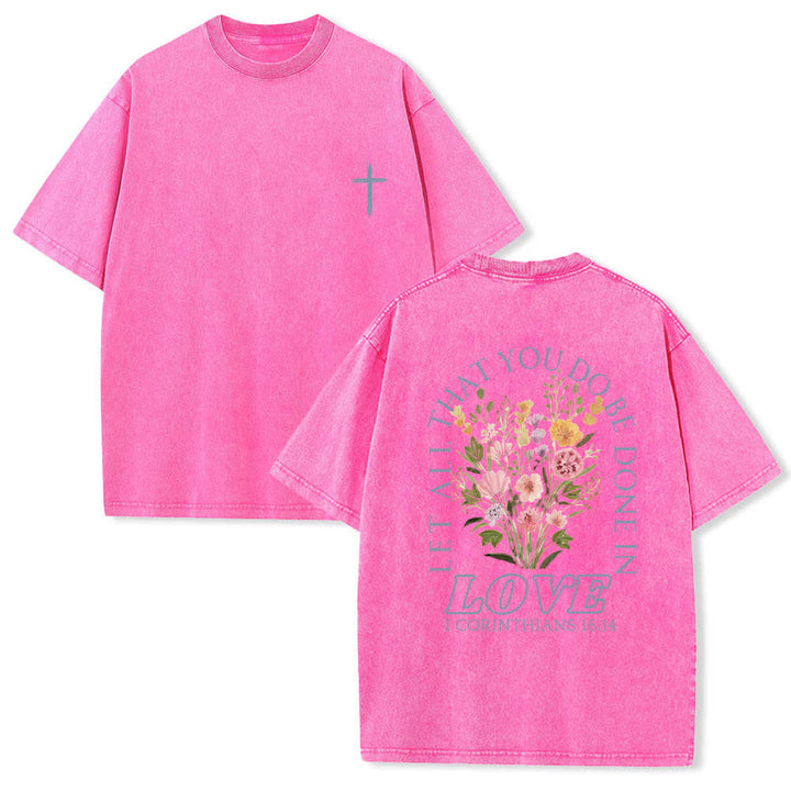 Christianartworkshop T-shirt lavata con stampa floreale a croce "Let All That You Do Be Done In Love" su entrambi i lati. - Rosa - 5XL - image 12