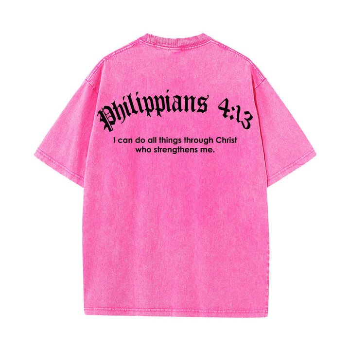 Christianartworkshop T-shirt lavata con stampa su entrambi i lati del versetto biblico Filippesi 4:13 e croce. - image 16