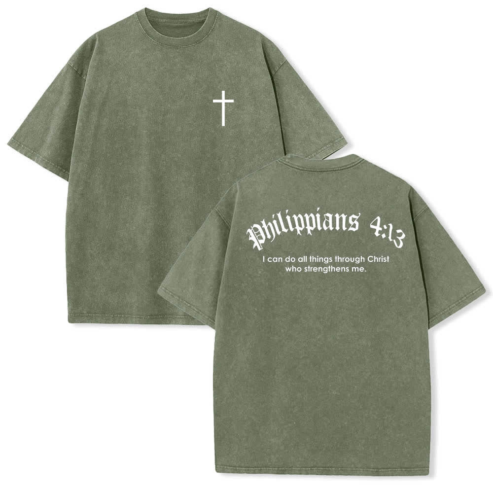 Christianartworkshop T-shirt lavata con stampa su entrambi i lati del versetto biblico Filippesi 4:13 e croce. - Verde militare - 5XL - image 18