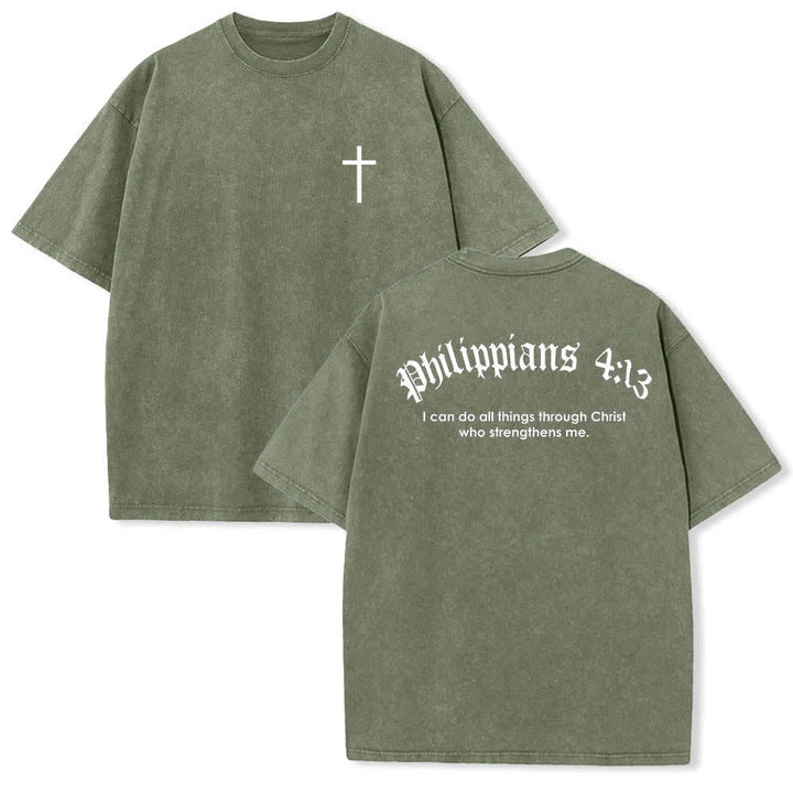Christianartworkshop T-shirt lavata con stampa su entrambi i lati del versetto biblico Filippesi 4:13 e croce. - Verde militare - 5XL - image 18
