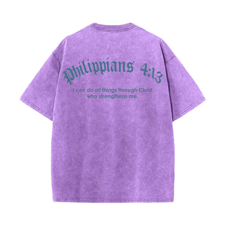 Christianartworkshop T-shirt lavata con stampa su entrambi i lati del versetto biblico Filippesi 4:13 e croce. - image 13