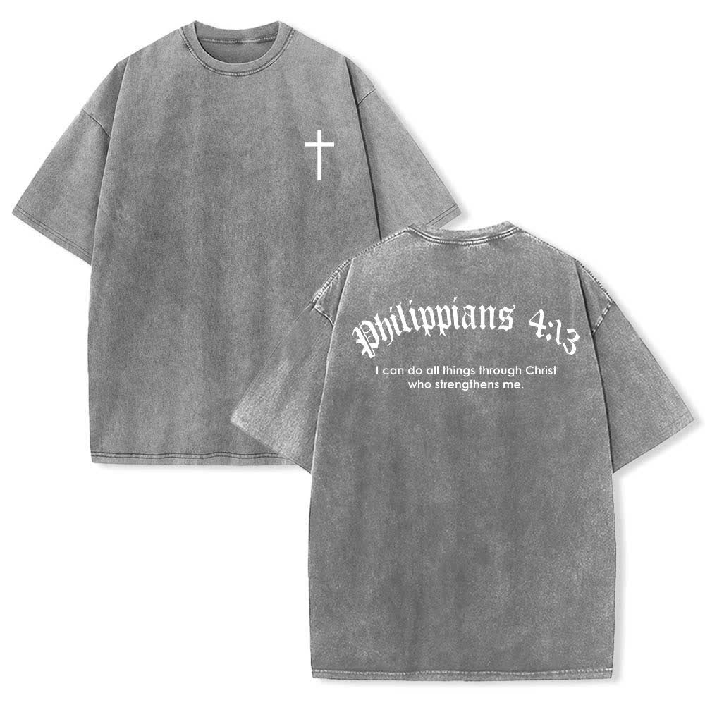 Christianartworkshop T-shirt lavata con stampa su entrambi i lati del versetto biblico Filippesi 4:13 e croce. - Grigio - 5XL - image 0