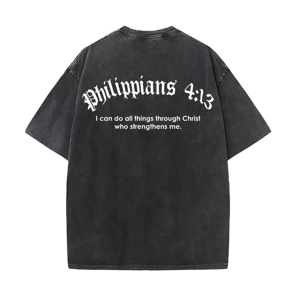 Christianartworkshop T-shirt lavata con stampa su entrambi i lati del versetto biblico Filippesi 4:13 e croce. - image 7