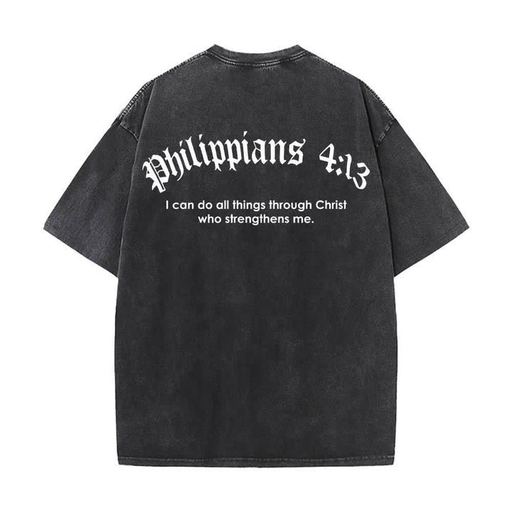 Christianartworkshop T-shirt lavata con stampa su entrambi i lati del versetto biblico Filippesi 4:13 e croce. - image 7
