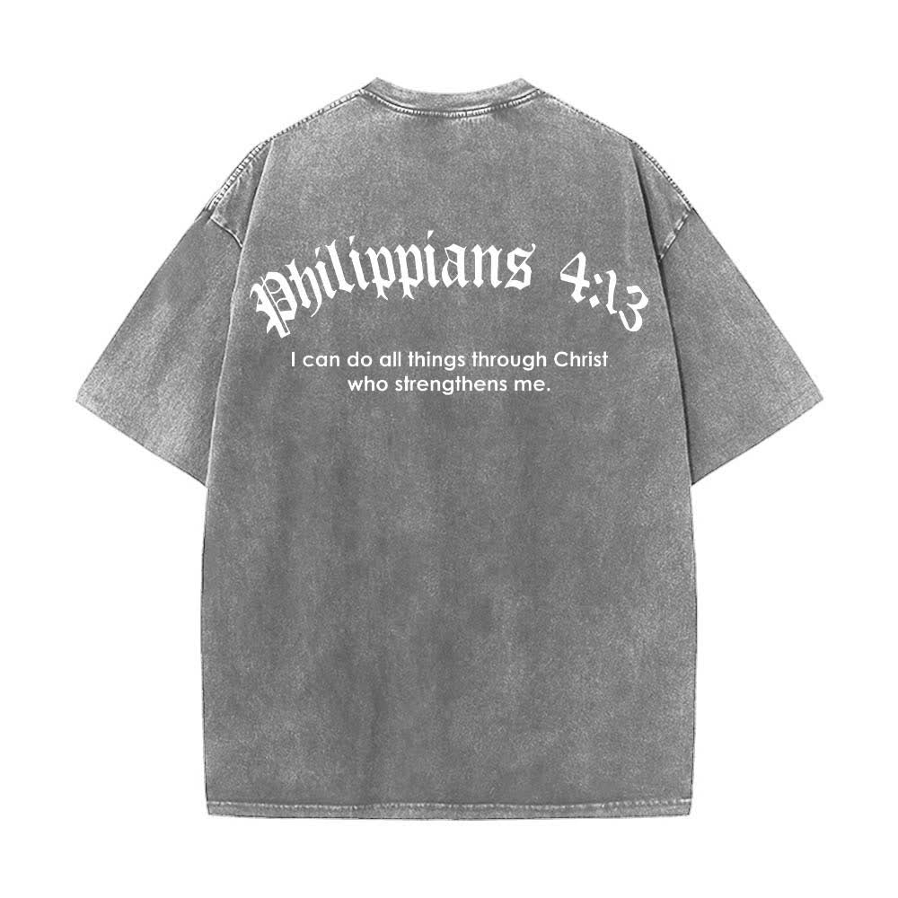 Christianartworkshop T-shirt lavata con stampa su entrambi i lati del versetto biblico Filippesi 4:13 e croce. - image 1
