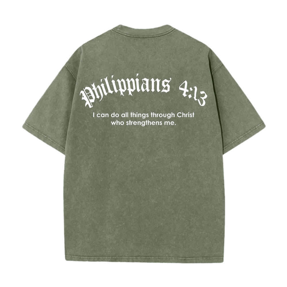 Christianartworkshop T-shirt lavata con stampa su entrambi i lati del versetto biblico Filippesi 4:13 e croce. - image 19