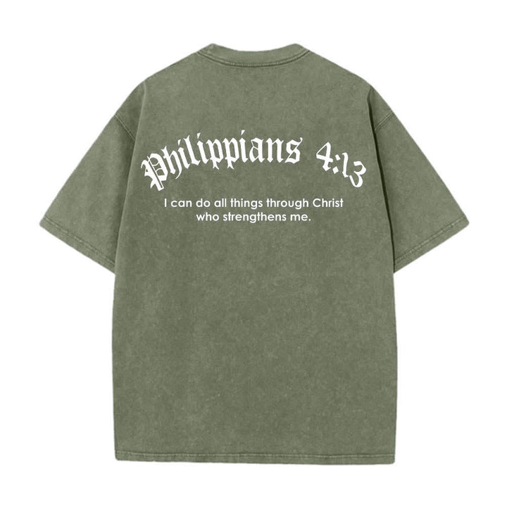 Christianartworkshop T-shirt lavata con stampa su entrambi i lati del versetto biblico Filippesi 4:13 e croce. - image 19