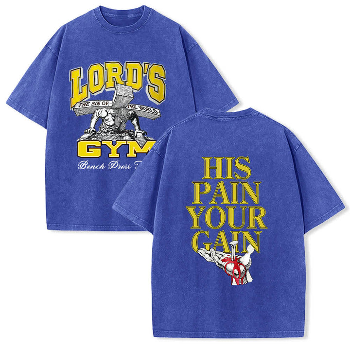 Christianartworkshop T-shirt lavata con stampa grafica "His Pain Your Gain" su entrambi i lati della Lord's Gym. - Blu - 5XL - image 24