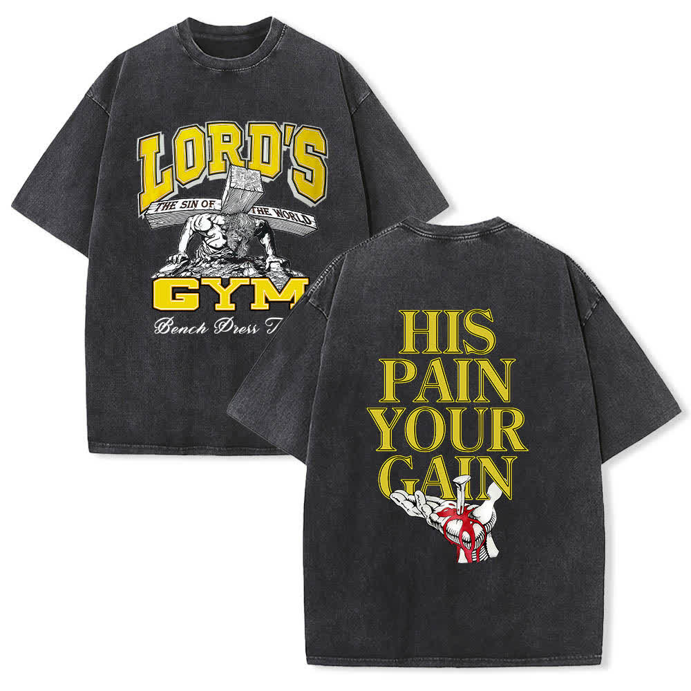 Christianartworkshop T-shirt lavata con stampa grafica "His Pain Your Gain" su entrambi i lati della Lord's Gym. - Nero - 5XL - image 9