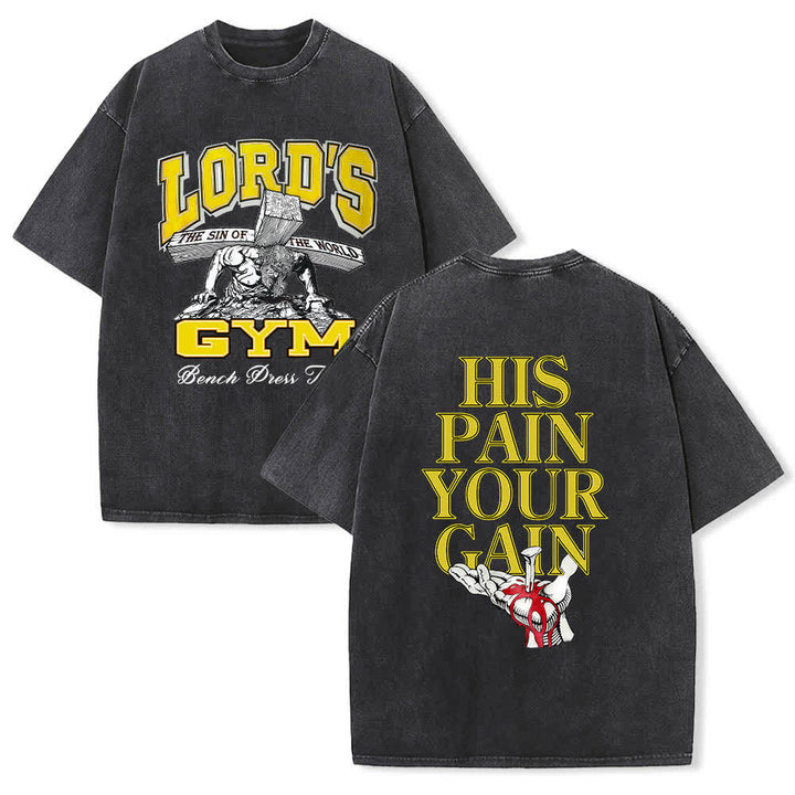 Christianartworkshop T-shirt lavata con stampa grafica "His Pain Your Gain" su entrambi i lati della Lord's Gym. - Nero - 5XL - image 9