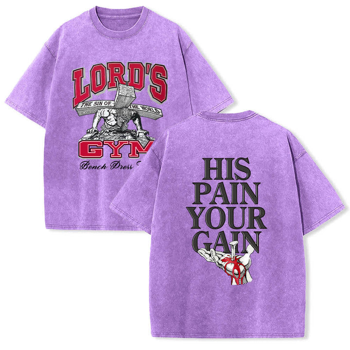 Christianartworkshop T-shirt lavata con stampa grafica "His Pain Your Gain" su entrambi i lati della Lord's Gym. - Viola - 5XL - image 15