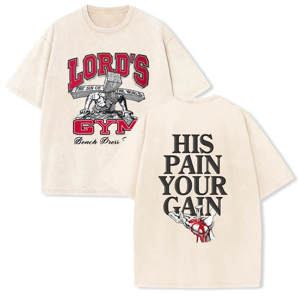 Christianartworkshop T-shirt lavata con stampa grafica "His Pain Your Gain" su entrambi i lati della Lord's Gym. - Beige - 5XL - image 12