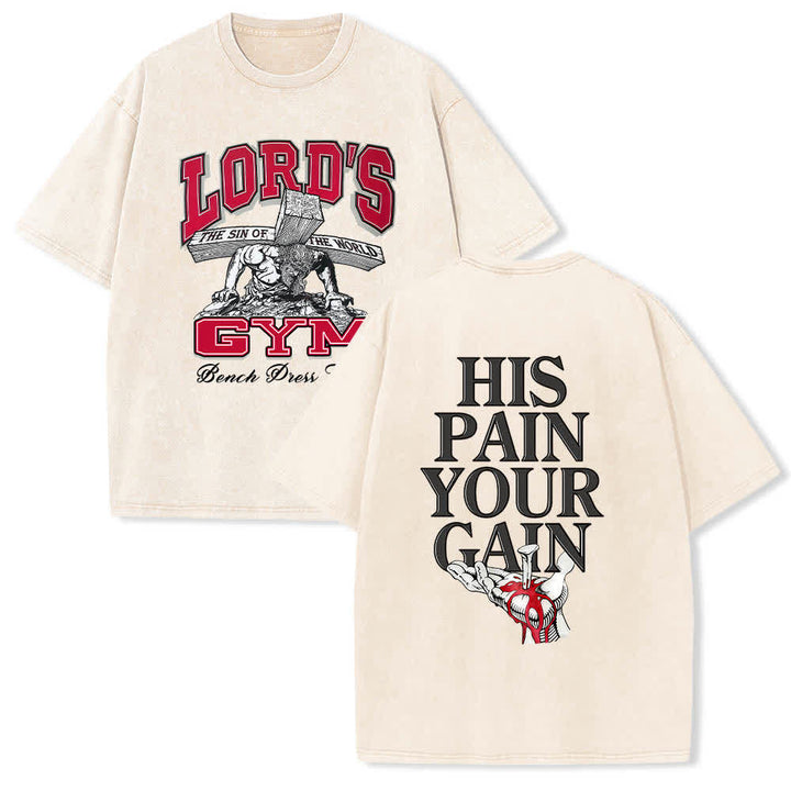 Christianartworkshop T-shirt lavata con stampa grafica "His Pain Your Gain" su entrambi i lati della Lord's Gym. - Beige - 5XL - image 12