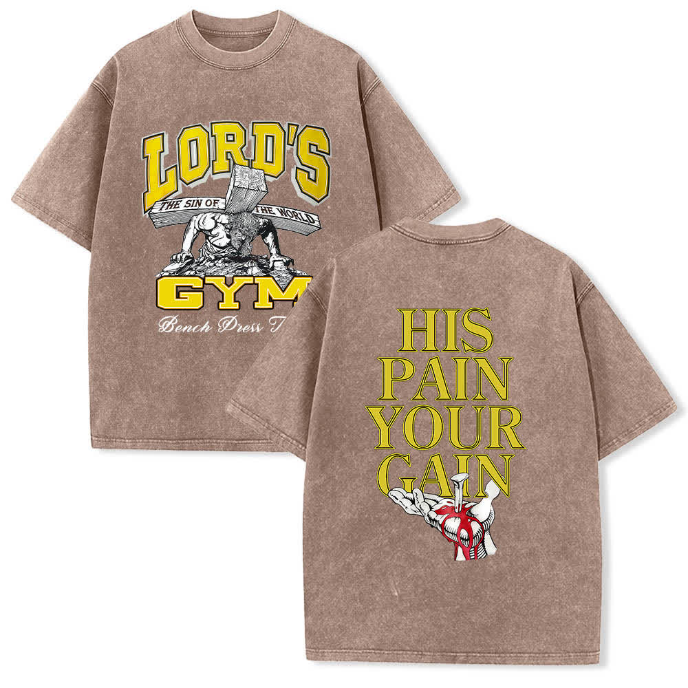 Christianartworkshop T-shirt lavata con stampa grafica "His Pain Your Gain" su entrambi i lati della Lord's Gym. - Marrone - 5XL - image 0