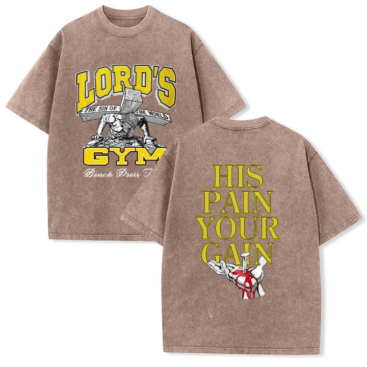 Christianartworkshop T-shirt lavata con stampa grafica "His Pain Your Gain" su entrambi i lati della Lord's Gym. - Marrone - 5XL - image 0