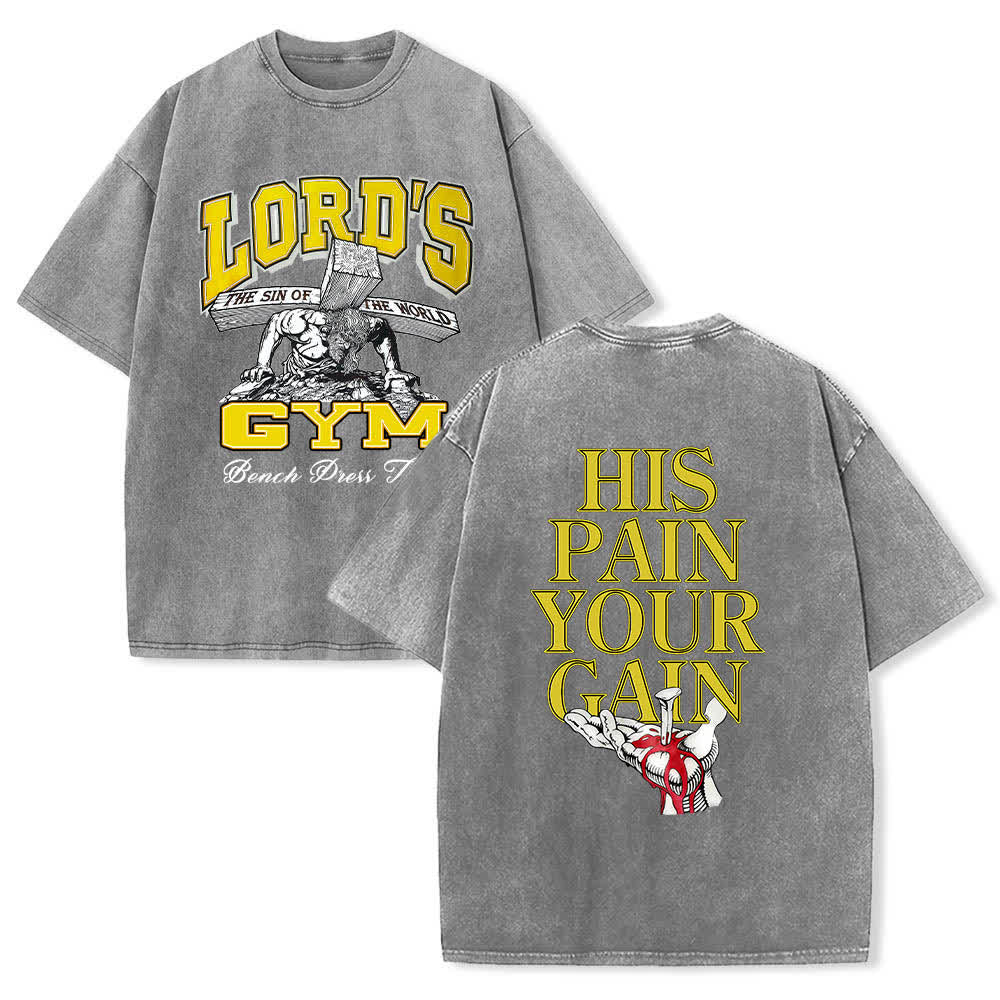 Christianartworkshop T-shirt lavata con stampa grafica "His Pain Your Gain" su entrambi i lati della Lord's Gym. - Grigio - 5XL - image 3