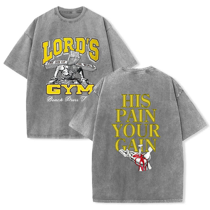 Christianartworkshop T-shirt lavata con stampa grafica "His Pain Your Gain" su entrambi i lati della Lord's Gym. - Grigio - 5XL - image 3