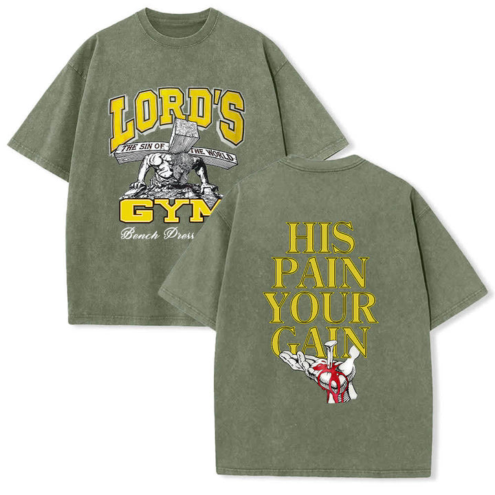 Christianartworkshop T-shirt lavata con stampa grafica "His Pain Your Gain" su entrambi i lati della Lord's Gym. - Verde militare - 5XL - image 21