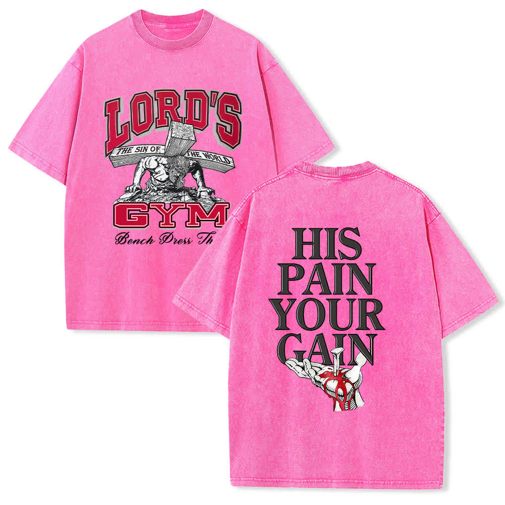 Christianartworkshop T-shirt lavata con stampa grafica "His Pain Your Gain" su entrambi i lati della Lord's Gym. - Rosa - 5XL - image 18
