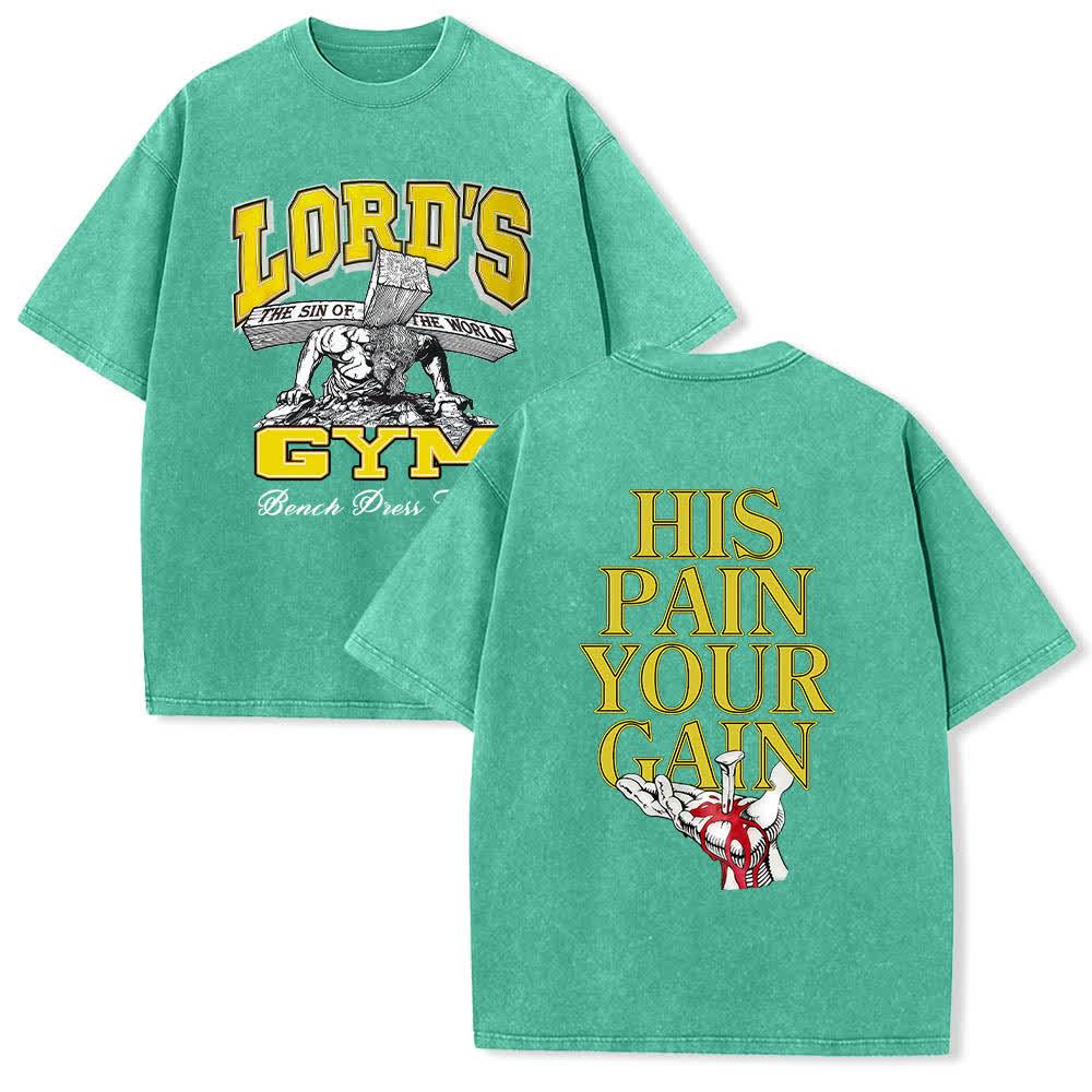 Christianartworkshop T-shirt lavata con stampa grafica "His Pain Your Gain" su entrambi i lati della Lord's Gym. - Verde - 5XL - image 6