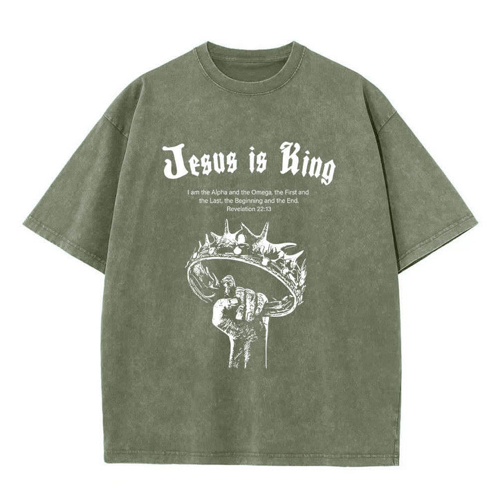 Maglietta lavata con stampa fronte-retro "Gesù è Re, Corona di Spine", ispirata alle Scritture, Christianartworkshop. - Verde militare - 5XL - image 8