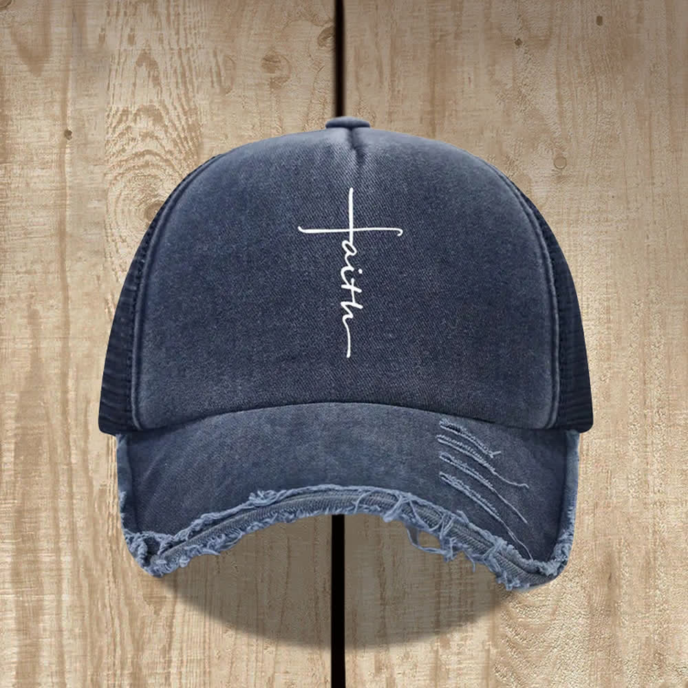 Christianartworkshop Cappello con stampa in corsivo "Croce della Fede" effetto invecchiato - Blu navy - image 6