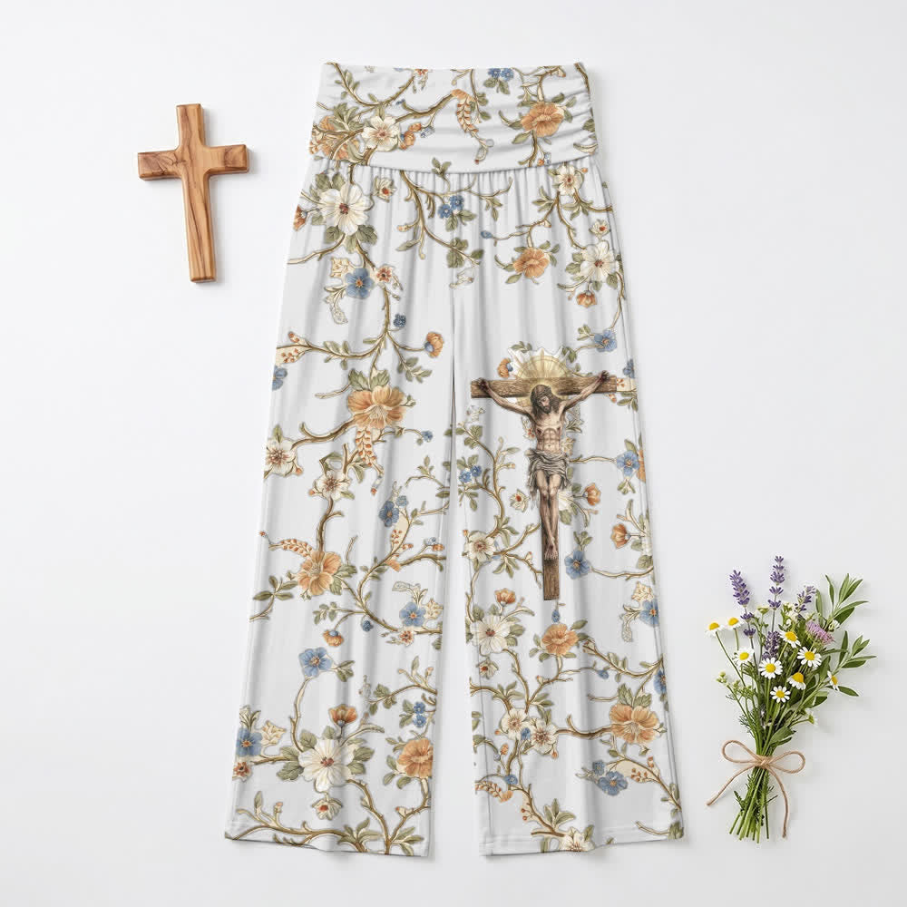 Christianartworkshop Pantaloni da donna a gamba larga con crocifisso e stampa floreale vintage a vita alta e elastico ripiegabile, ispirati alla fede. - US22,UK/AU26,EU54 (6XL) - image 0