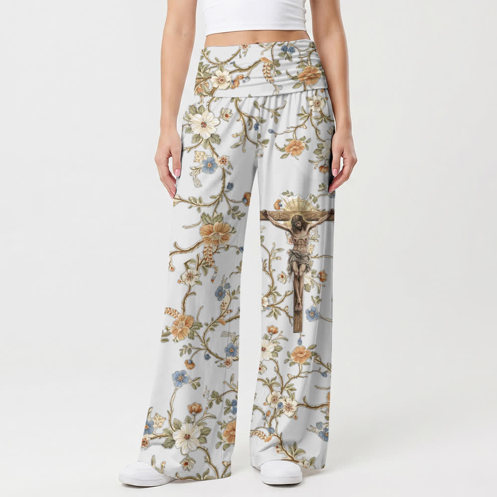 Christianartworkshop Pantaloni da donna a gamba larga con crocifisso e stampa floreale vintage a vita alta e elastico ripiegabile, ispirati alla fede. - image 1