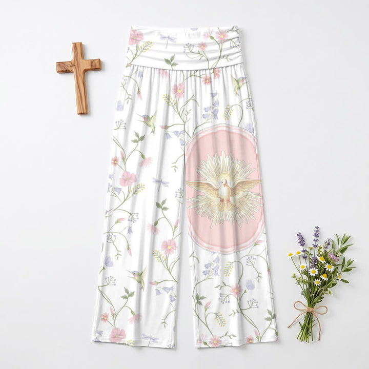 Christianartworkshop Pantaloni da donna a gamba larga con elastico in vita alta, motivo Holy Dove, Hummingbird, Floral Vine Art, stile casual Faith. - US22,UK/AU26,EU54 (6XL) - image 0