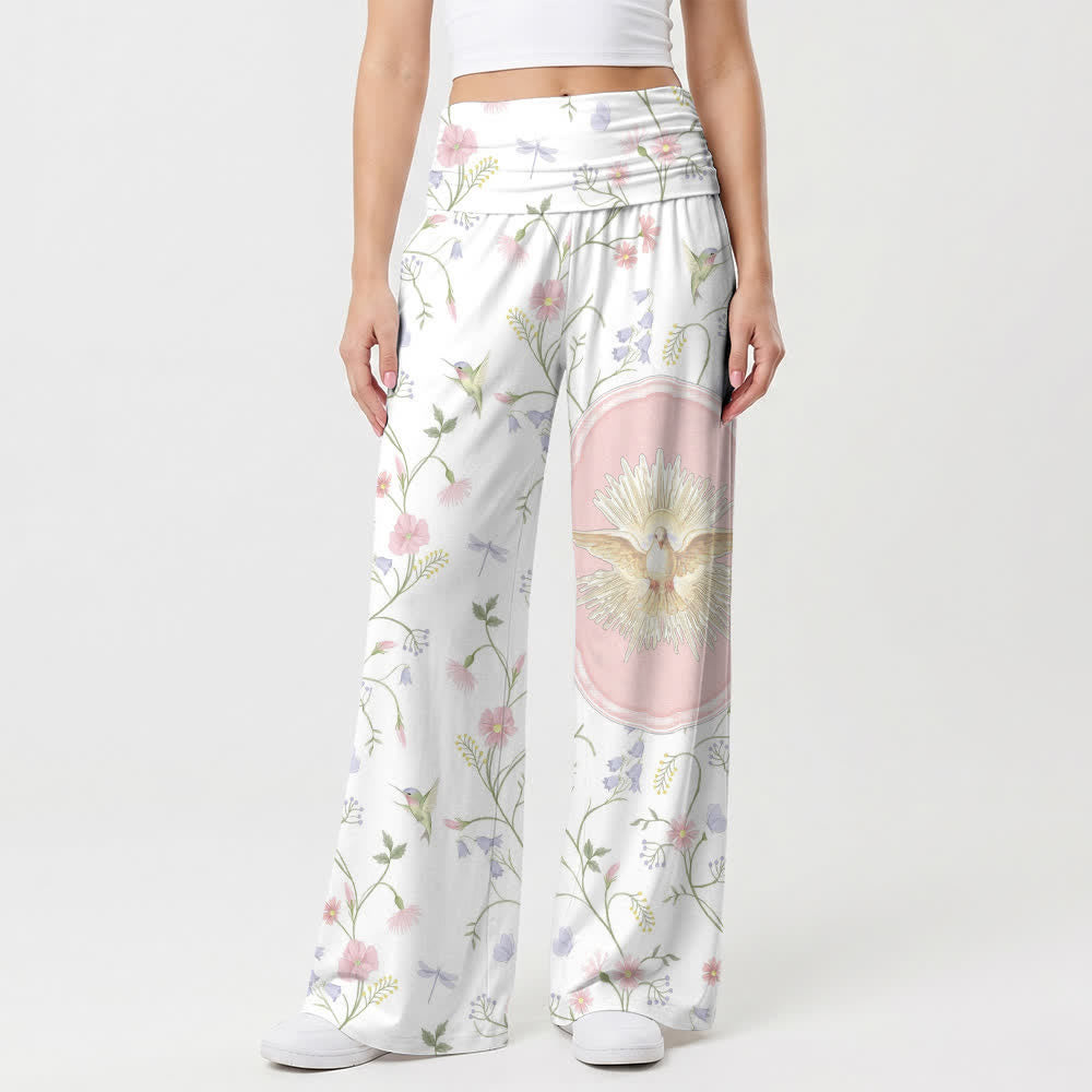 Christianartworkshop Pantaloni da donna a gamba larga con elastico in vita alta, motivo Holy Dove, Hummingbird, Floral Vine Art, stile casual Faith. - image 1