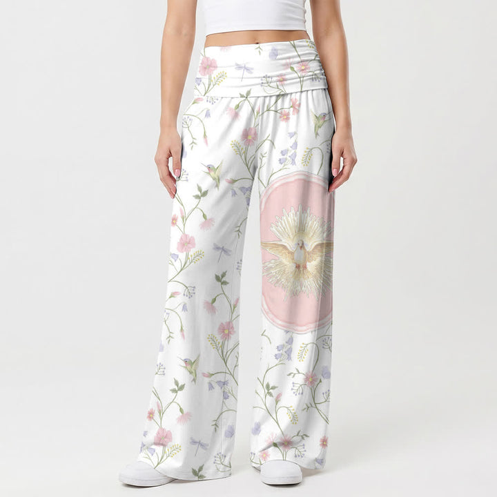 Christianartworkshop Pantaloni da donna a gamba larga con elastico in vita alta, motivo Holy Dove, Hummingbird, Floral Vine Art, stile casual Faith. - image 1