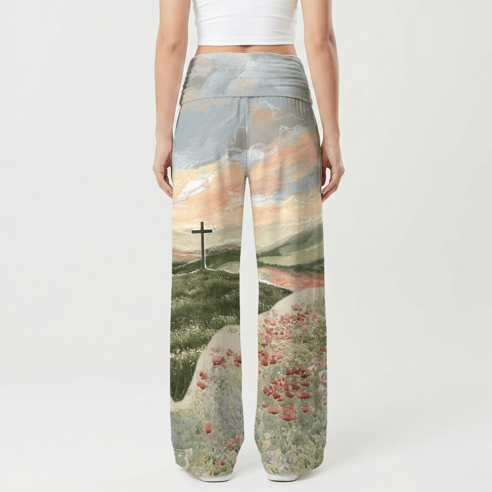 Christianartworkshop Pantaloni da donna a gamba larga con stampa "Pastoral Hill Cross Sunset Poppy Oil Art" e motivo "Casual Faith". - image 2