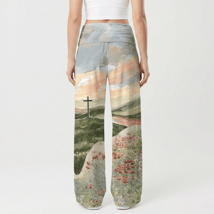 Christianartworkshop Pantaloni da donna a gamba larga con stampa "Pastoral Hill Cross Sunset Poppy Oil Art" e motivo "Casual Faith". - image 2