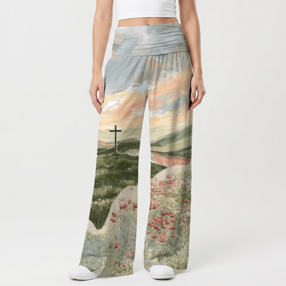 Christianartworkshop Pantaloni da donna a gamba larga con stampa "Pastoral Hill Cross Sunset Poppy Oil Art" e motivo "Casual Faith". - image 1