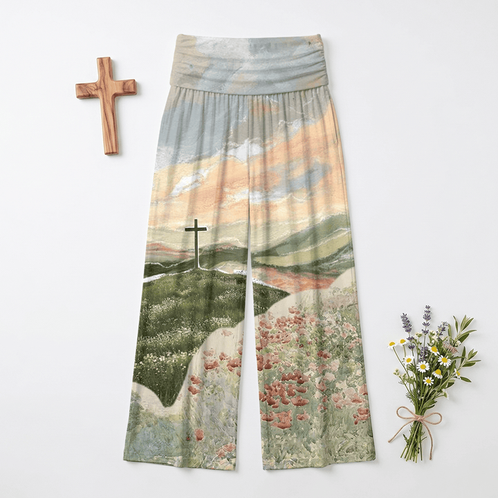Christianartworkshop Pantaloni da donna a gamba larga con stampa "Pastoral Hill Cross Sunset Poppy Oil Art" e motivo "Casual Faith". - US22,UK/AU26,EU54 (6XL) - image 0