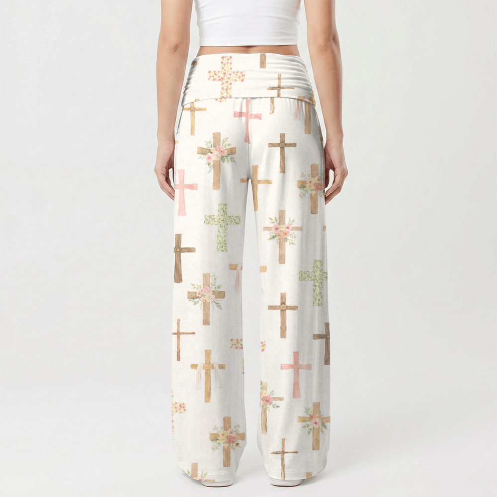 Christianartworkshop Pantaloni casual da donna Faith a gamba larga con stampa floreale ad acquerello e croce all-over. - image 2