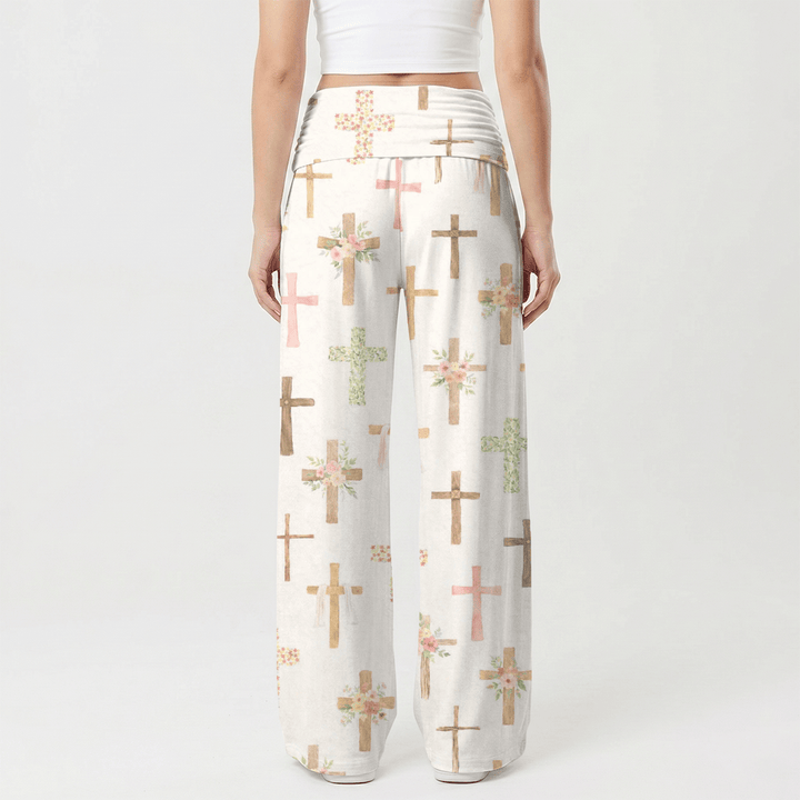 Christianartworkshop Pantaloni casual da donna Faith a gamba larga con stampa floreale ad acquerello e croce all-over. - image 2