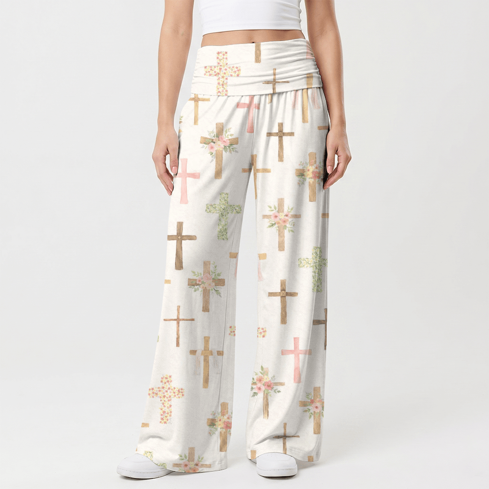 Christianartworkshop Pantaloni casual da donna Faith a gamba larga con stampa floreale ad acquerello e croce all-over. - image 1