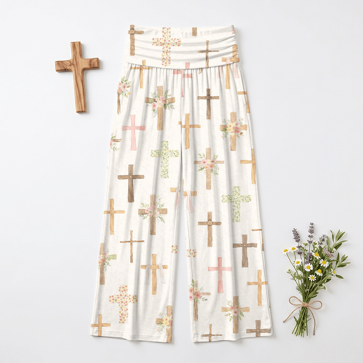 Christianartworkshop Pantaloni casual da donna Faith a gamba larga con stampa floreale ad acquerello e croce all-over. - US22,UK/AU26,EU54 (6XL) - image 0