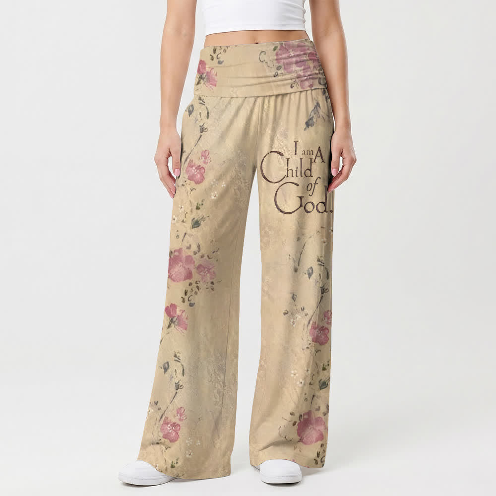 Christianartworkshop Pantaloni da donna a gamba larga con stampa floreale vintage "I Am A Child Of God" (Sono un figlio di Dio), stile casual e religioso. - image 1
